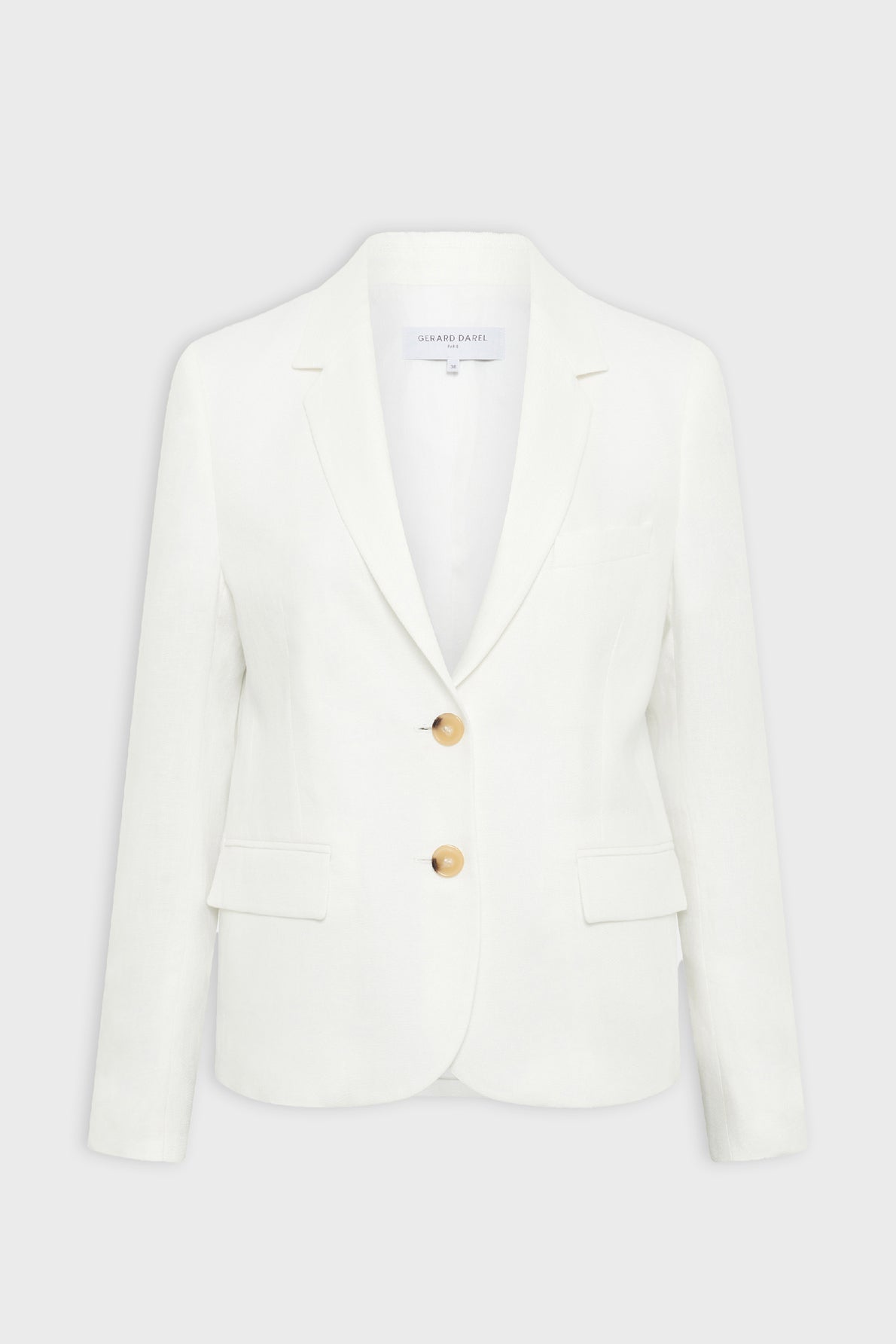 A white tailored blazer with two tan buttons, notched lapels, and two front flap pockets, displayed on a plain light background.
