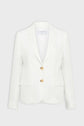 A white tailored blazer with two tan buttons, notched lapels, and two front flap pockets, displayed on a plain light background.