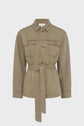 Light brown belted utility jacket inspired by the classic veste saharienne style, featuring long sleeves, two chest pockets with buttons, and a collared neckline. Crafted from a lyocell lin blend for a comfortable and breathable fit, this versatile piece is displayed on a plain white background.