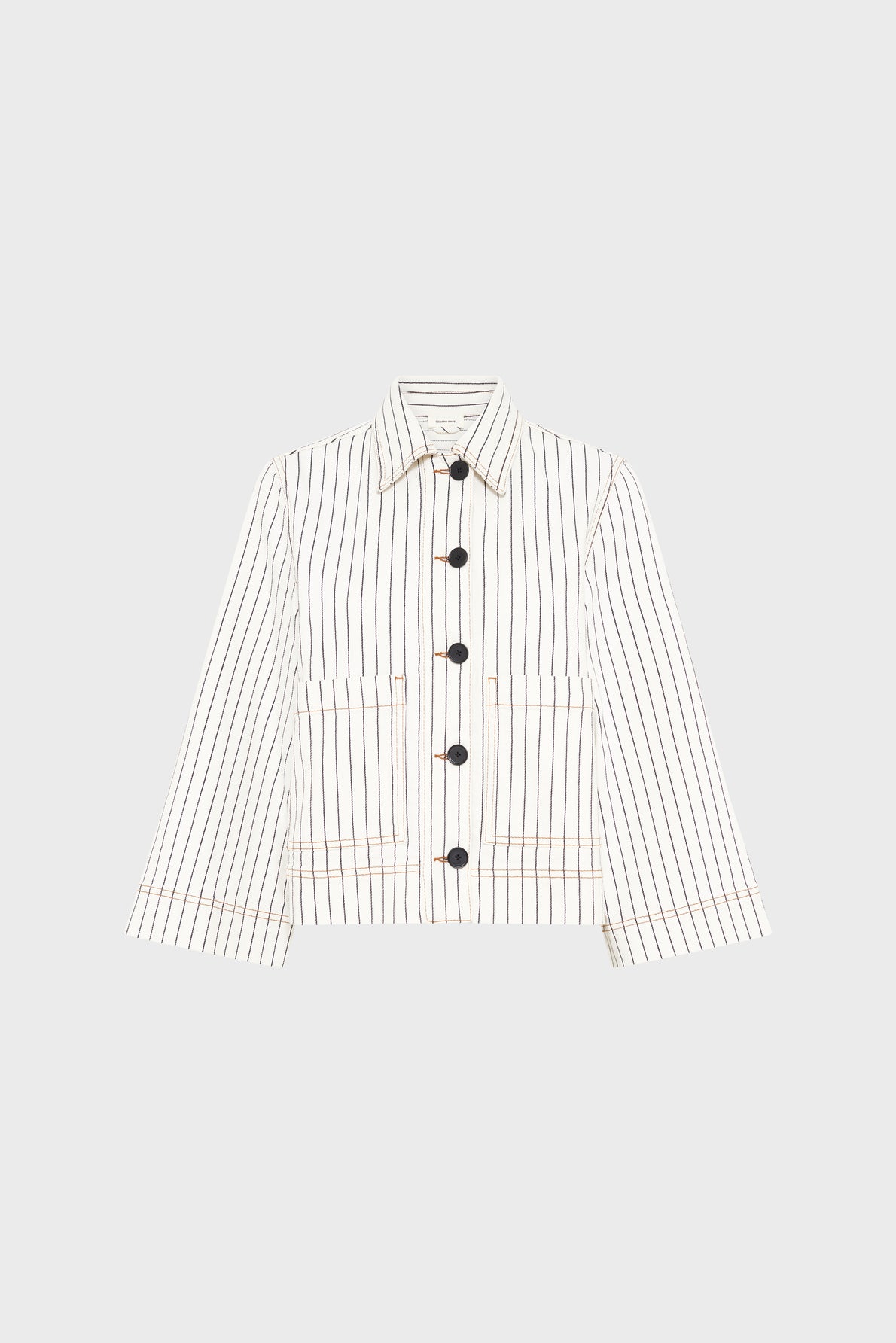 White veste rayée femme with thin vertical black stripes, large black buttons, two front pockets, and a collar, displayed on a plain light gray background.