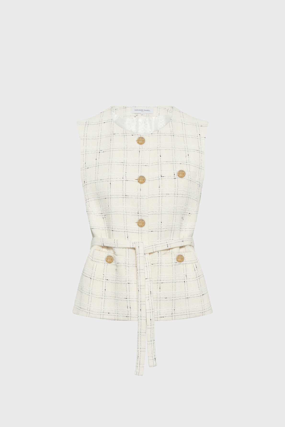 Sleeveless cream plaid vest with gold buttons, a round neckline, and a matching belt tied at the waist, displayed on a plain white background.