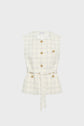 Sleeveless cream plaid vest with gold buttons, a round neckline, and a matching belt tied at the waist, displayed on a plain white background.