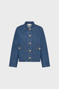 Blue denim jacket with long sleeves, button-up front, and two large front pockets with buttons, displayed on a plain white background. This veste droite femme offers a versatile look and classic style for any wardrobe.