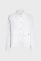 A white, long-sleeve button-up veste en jean blanc with two front flap pockets, beige buttons, and a collar, crafted from coton stretch and displayed on a plain gray background.