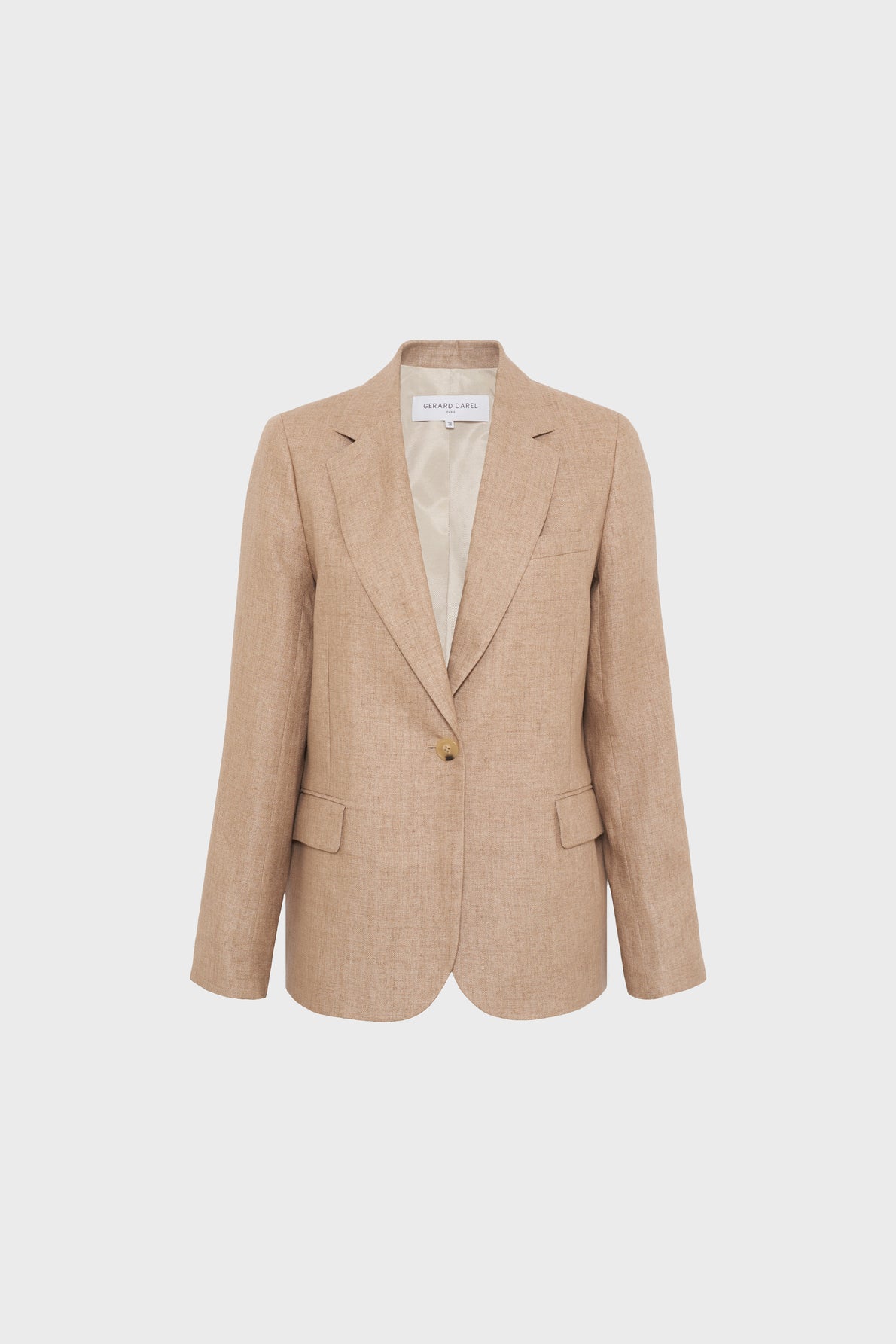 A beige linen blazer with a notched lapel, single button closure, two front pockets, and long sleeves, displayed on a plain white background.