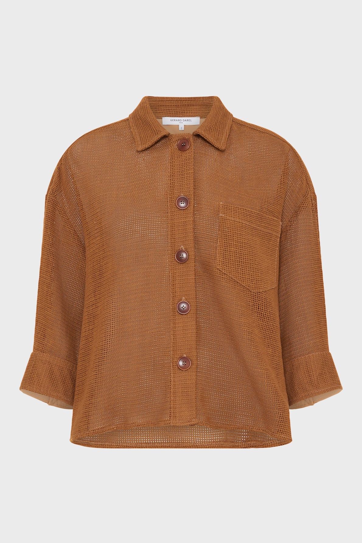 Brown mesh button-up shirt with long sleeves, a chest pocket, and a collar, displayed on a plain white background.