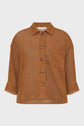 Brown mesh button-up shirt with long sleeves, a chest pocket, and a collar, displayed on a plain white background.