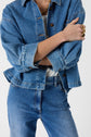 A person wearing a blue denim jacket and jeans with a white shirt, arms crossed. They have several gold rings and a gold chain necklace. The image is cropped at the neck and knees.