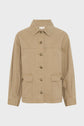 Tan button-up jacket with a collar, long sleeves, and two large front pockets, styled in the spirit of a blouson court femme, displayed on a plain white background.