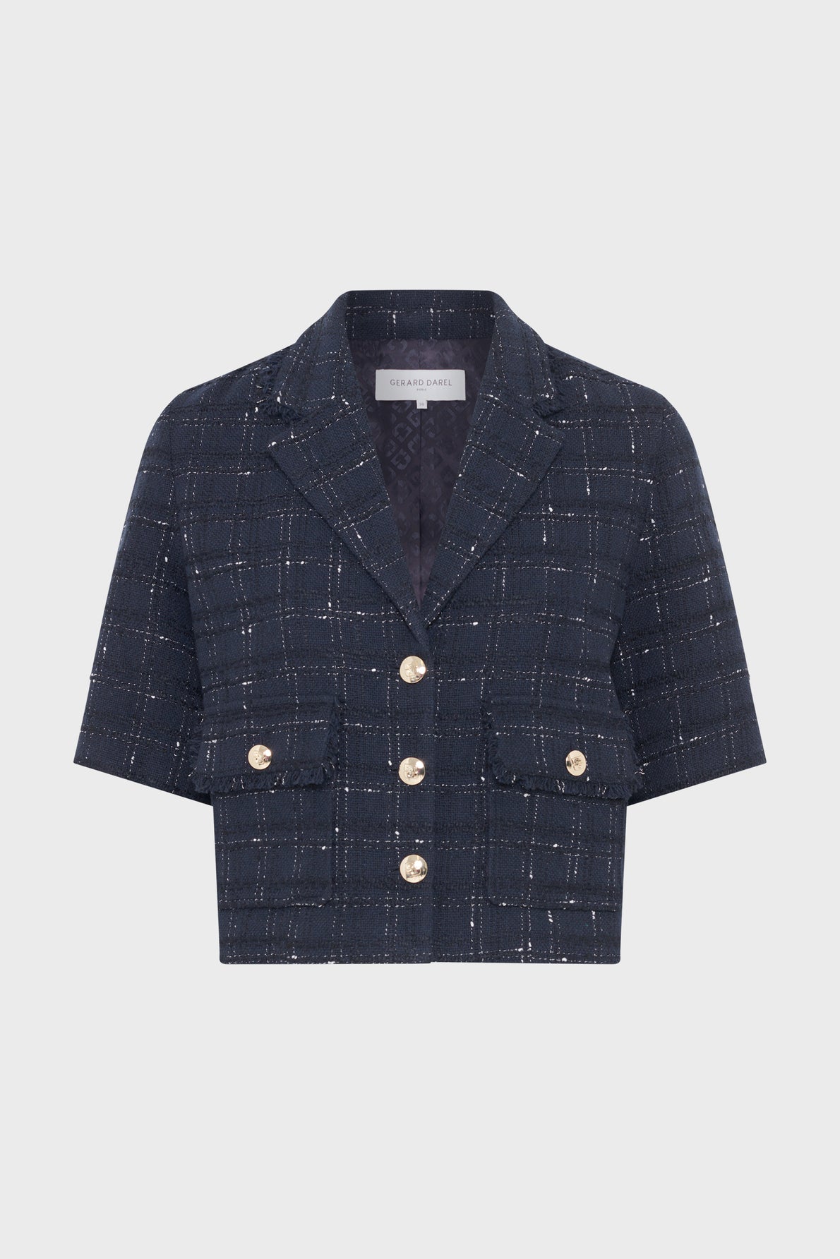 Navy blue short-sleeve cropped jacket with a plaid pattern, gold buttons, two front flap pockets, and a notched collar.