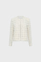 Cream-colored, collarless veste en tweed with a subtle check pattern, front pockets, and raw-edged hems, displayed on a plain white background.