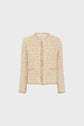 A beige veste tweed femme courte, sans col, with long sleeves, open front, two front pockets, and fringed edges is displayed on a plain white background.
