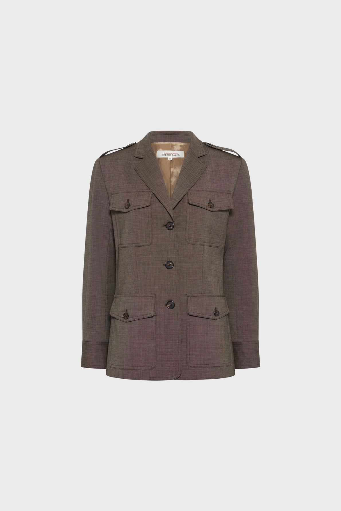 A brown plaid blazer with four flap pockets, button closures, and shoulder epaulets—this veste saharienne-inspired veste mi-longue femme adds a touch of chic sophistication, displayed on a plain white background.