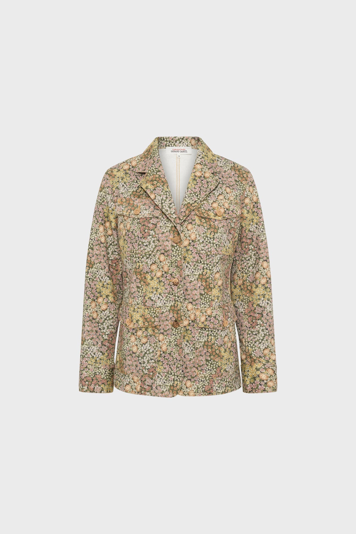 Floral-patterned veste à fleurs for women, featuring a notched lapel collar and two front pockets, displayed against a plain white background.