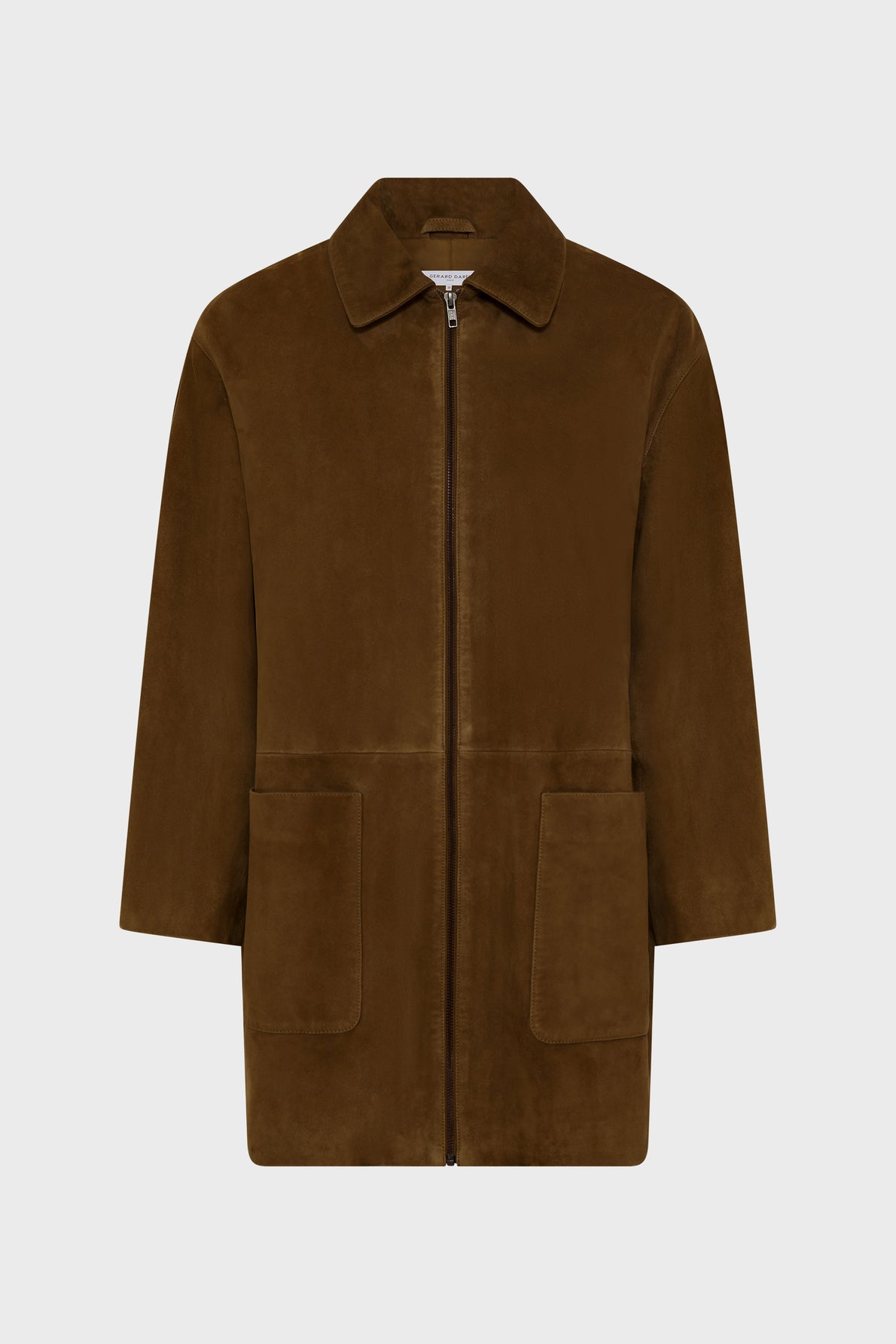 Brown suede jacket with a front zipper, two large front pockets, a classic collar, and long sleeves. The jacket is displayed against a plain white background.