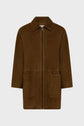 Brown suede jacket with a front zipper, two large front pockets, a classic collar, and long sleeves. The jacket is displayed against a plain white background.