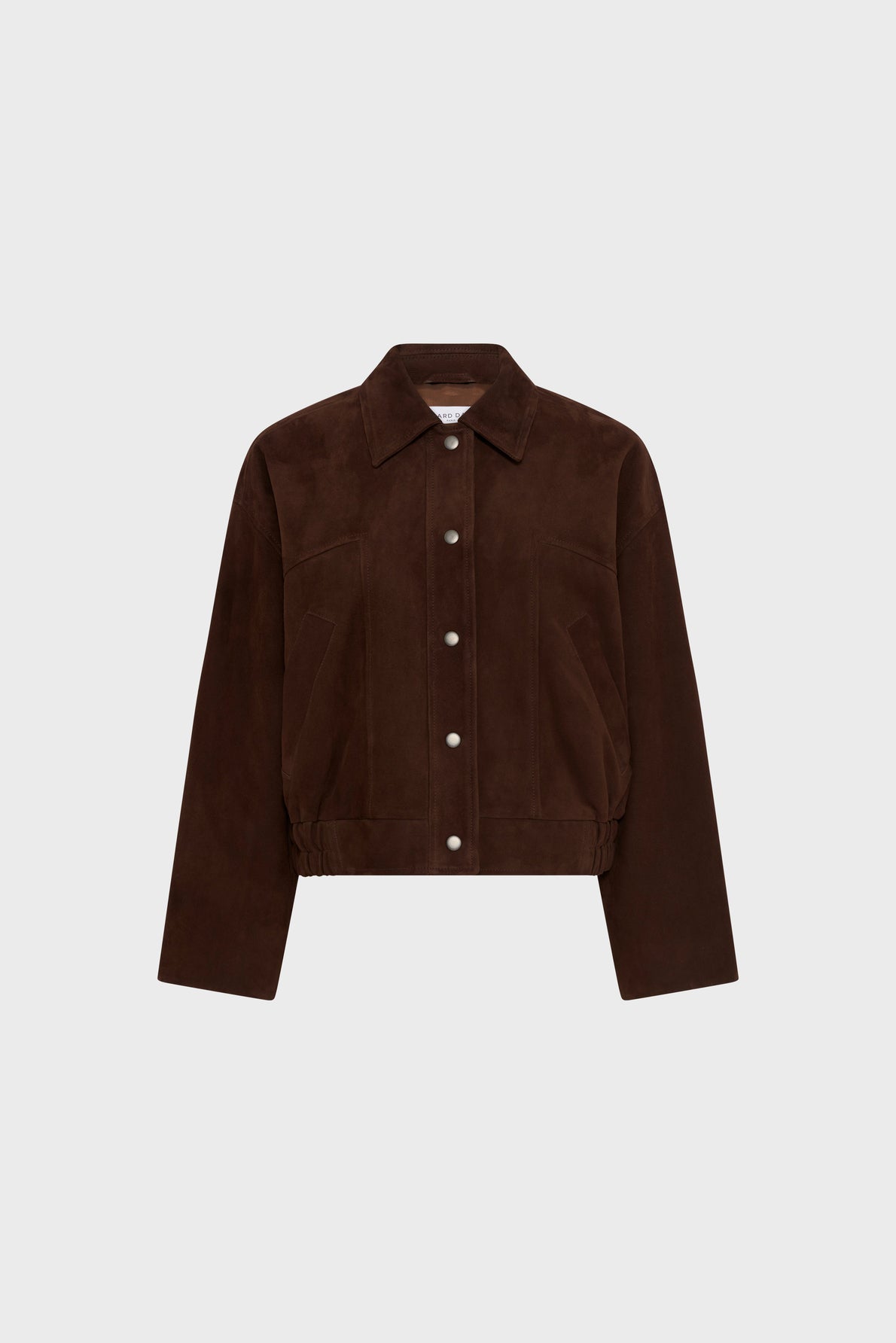 A brown suede jacket with a collar, long sleeves, front silver snap buttons, and two side pockets, displayed on a plain light gray background.