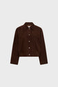 A brown suede jacket with a collar, long sleeves, front silver snap buttons, and two side pockets, displayed on a plain light gray background.