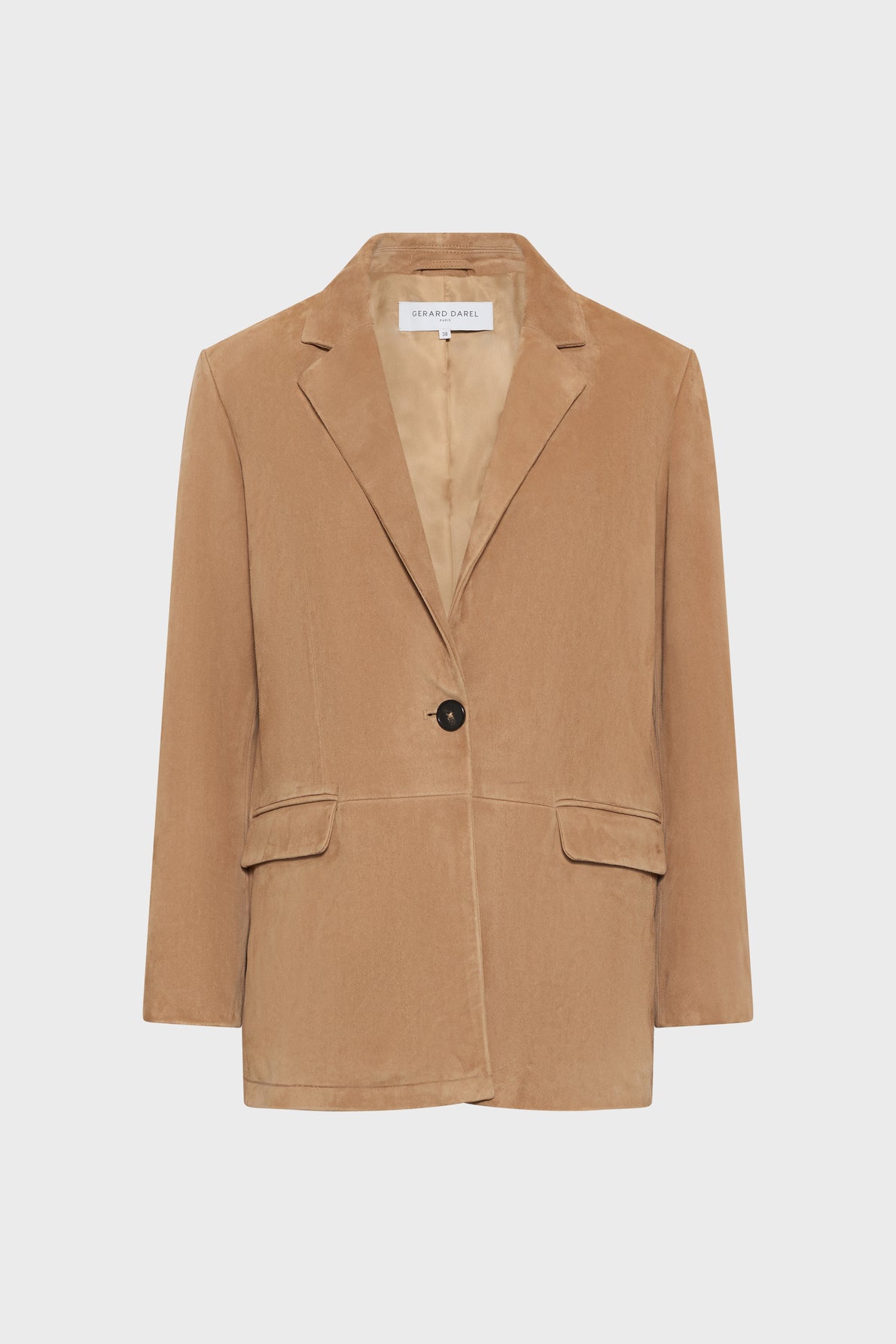 A tan single-breasted blazer with a notched collar, one button closure, flap pockets, and long sleeves, displayed against a plain white background.