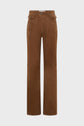 High-waisted, brown suede pants crafted from cuir velours camel, featuring wide flare legs, front patch pockets with flaps and buttons, and a fitted waist. These pantalon flare are photographed against a plain white background.