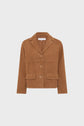 Brown suede jacket with a notched collar, three front buttons, long sleeves, and two front flap pockets. The jacket has a boxy, tailored fit and is displayed against a plain white background.