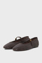 A pair of brown cuir tressé leather ballerine femme flats with a single thin bride à boucle strap and small gold buckle, displayed on a plain white background.