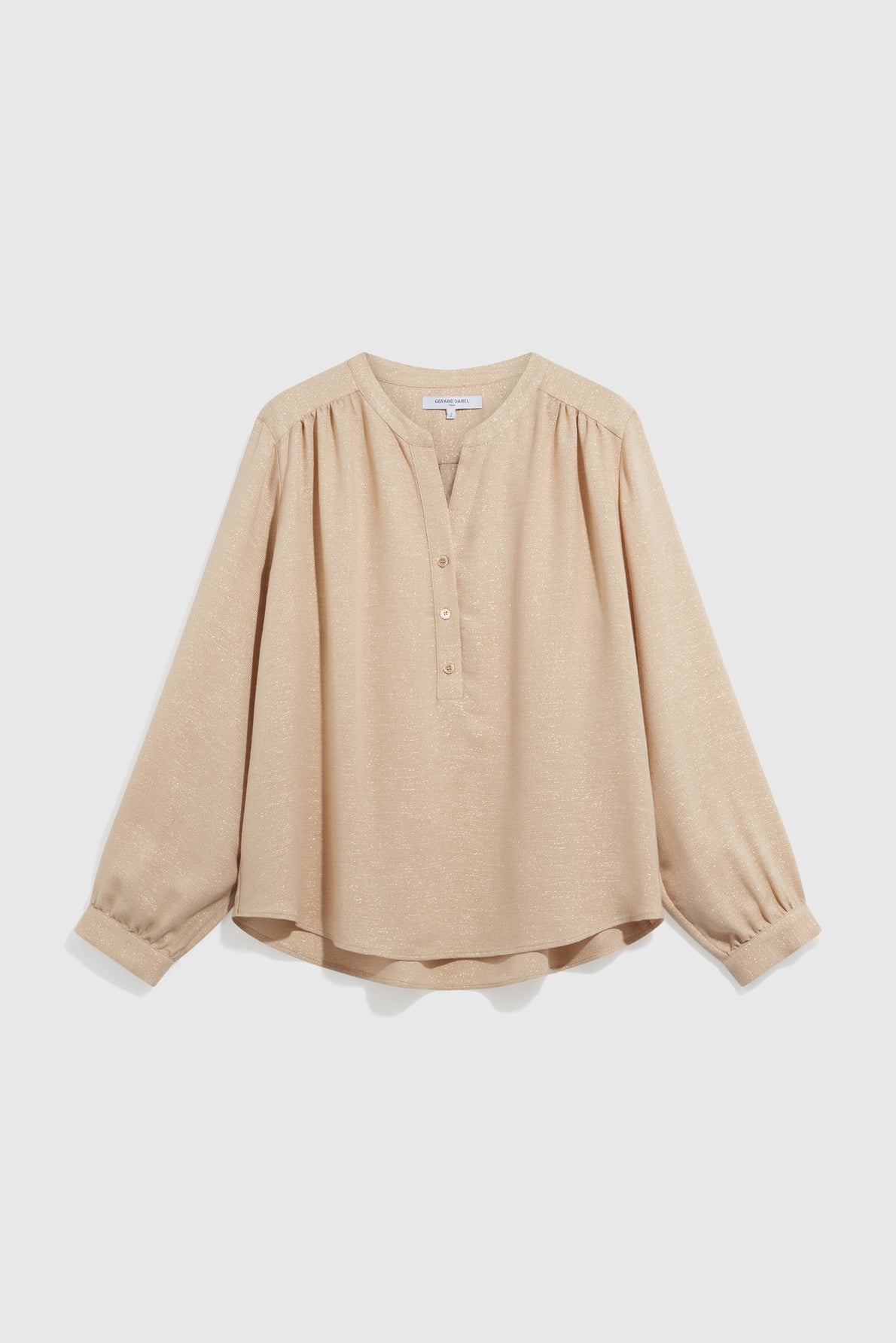 Beige long-sleeve blouse with a V-neck and four front buttons, featuring a loose fit, gathered shoulders, and cuffed sleeves for a chic look, displayed on a plain white background.