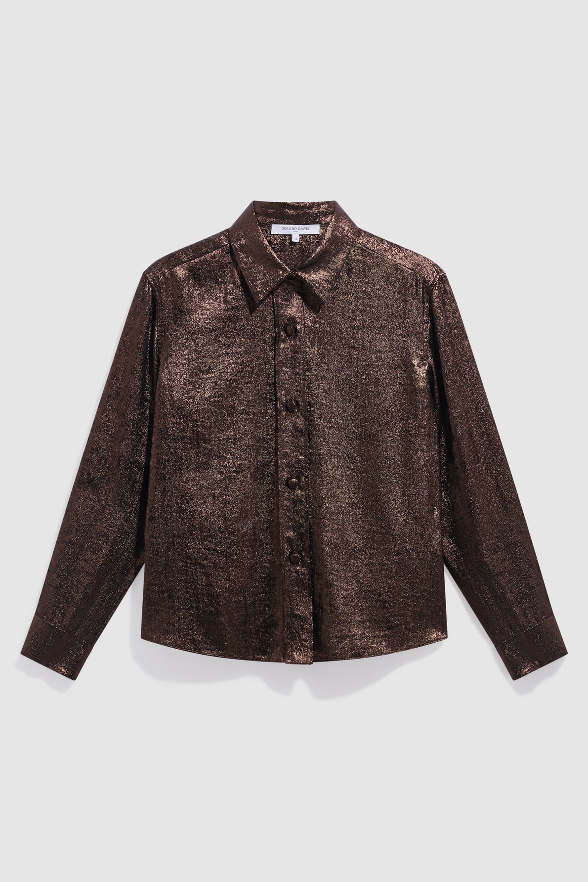 A metallic brown, long-sleeve chemise satinée, button-up shirt with a collar, displayed against a plain white background.