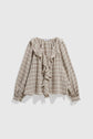 Displayed against a plain white background, this beige and brown plaid long-sleeve chemise à carreaux features a ruffled collar and front, as well as ruffled cuffs for a touch of elegance.