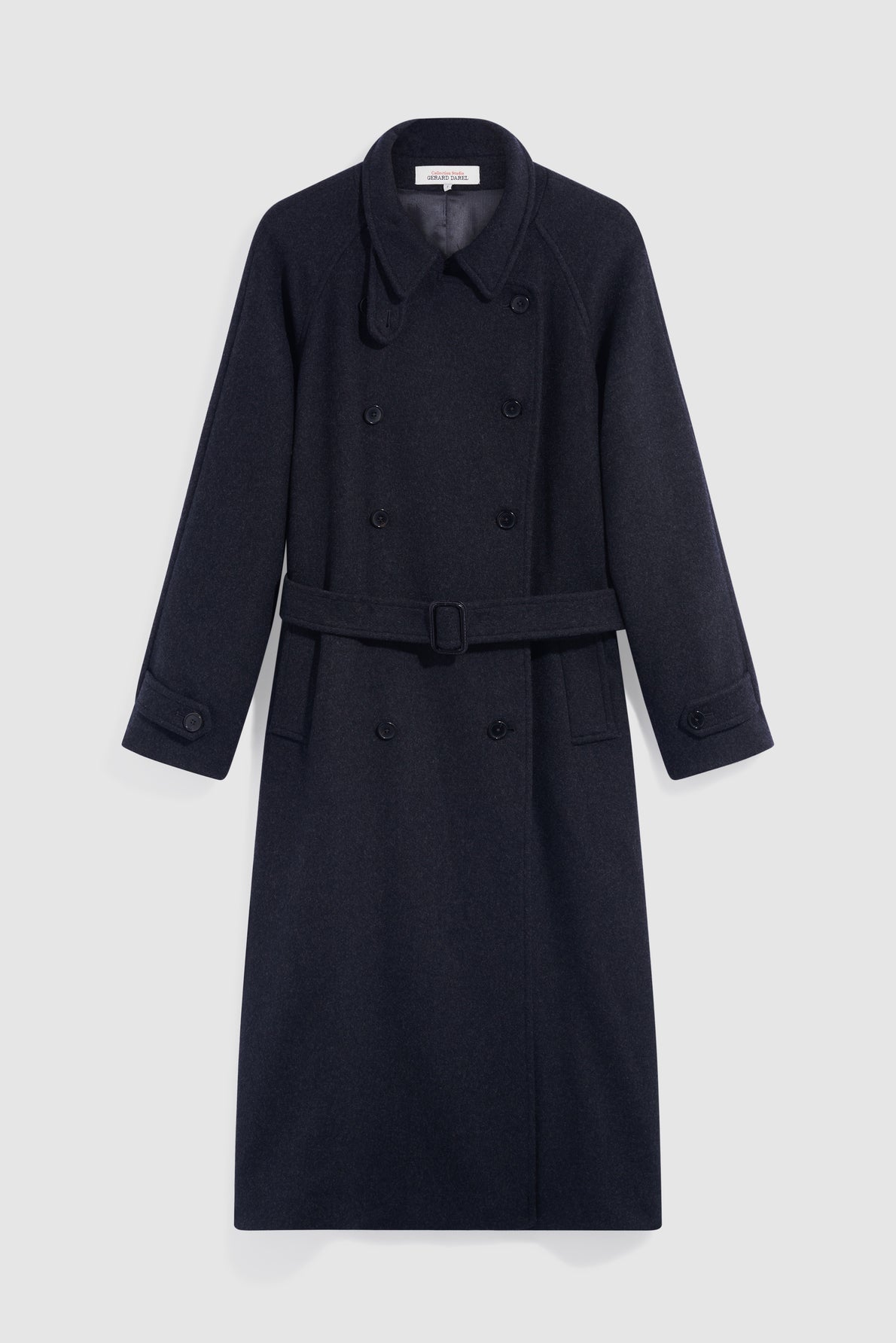 A long, dark navy trench laine double-breasted wool coat with a matching belt at the waist, buttoned cuffs, and a classic collar, displayed against a plain white background.