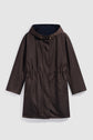 Dark brown hooded parka femme raincoat with long sleeves, front zipper, drawstring waist, and two slanted front pockets, displayed flat on a white background.