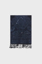 Dark blue scarf with intricate imprimé cachemire paisley patterns and subtle sequins, finished with short tasseled fringe along the bottom edge, displayed against a plain white background.