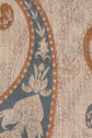 A close-up of a woven fabric with a floral and paisley pattern in blue, tan, and beige tones, featuring textured details and intricate designs reminiscent of an écharpe motif cachemire.