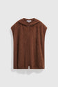 A sleeveless, brown, fuzzy knit hooded vest—reminiscent of a poncho capuche—is displayed against a plain white background.