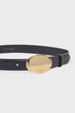 A black leather ceinture élégante with a large, oval-shaped gold buckle engraved with DAREL. The brand name GERARD DAREL is printed on the inside of the belt. The background is plain white.