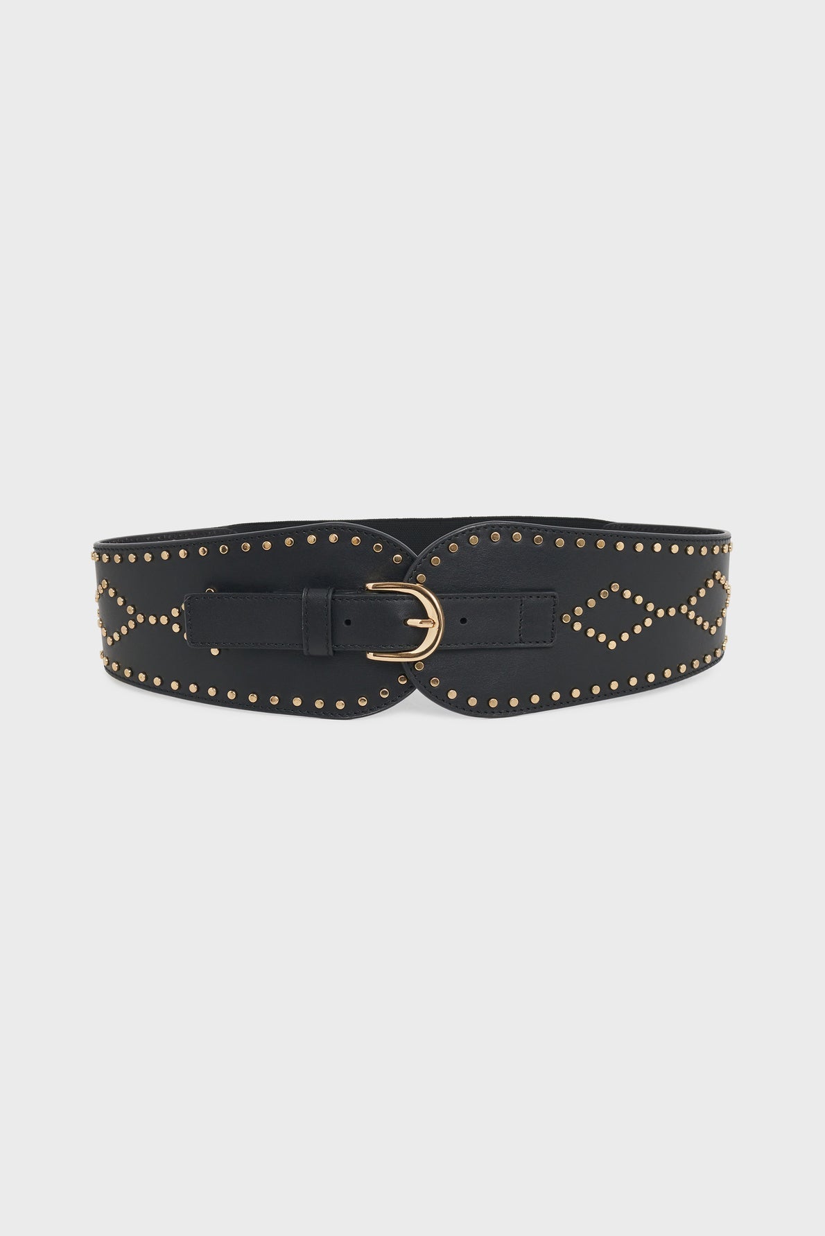 Wide black leather ceinture femme with gold studs forming diamond shapes and outlining the edges, featuring a small gold buckle in the center—a bold accessory inspired by the iconic ceinture OLYMPE.