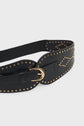 A black ceinture OLYMPE with gold studs and a gold buckle, featuring an elastic strap.