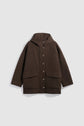 A dark brown manteau capuche with large front pockets and a row of silver snap buttons, laid flat on a light gray background.