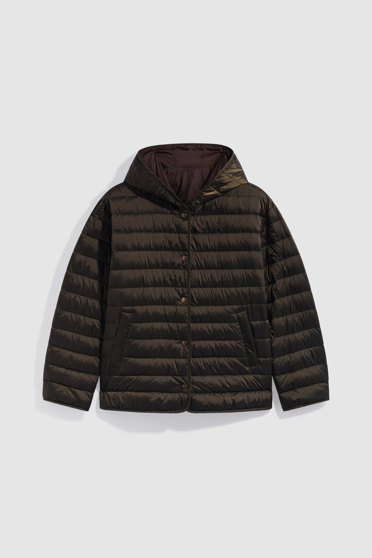 A dark brown, quilted puffer jacket with a hood, snap buttons, and front pockets, this doudoune femme is displayed on a plain light background.