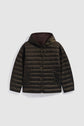 A dark brown, quilted puffer jacket with a hood, snap buttons, and front pockets, this doudoune femme is displayed on a plain light background.