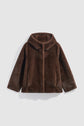 A brown manteau fausse fourrure with long sleeves and a hood, displayed on a plain white background.