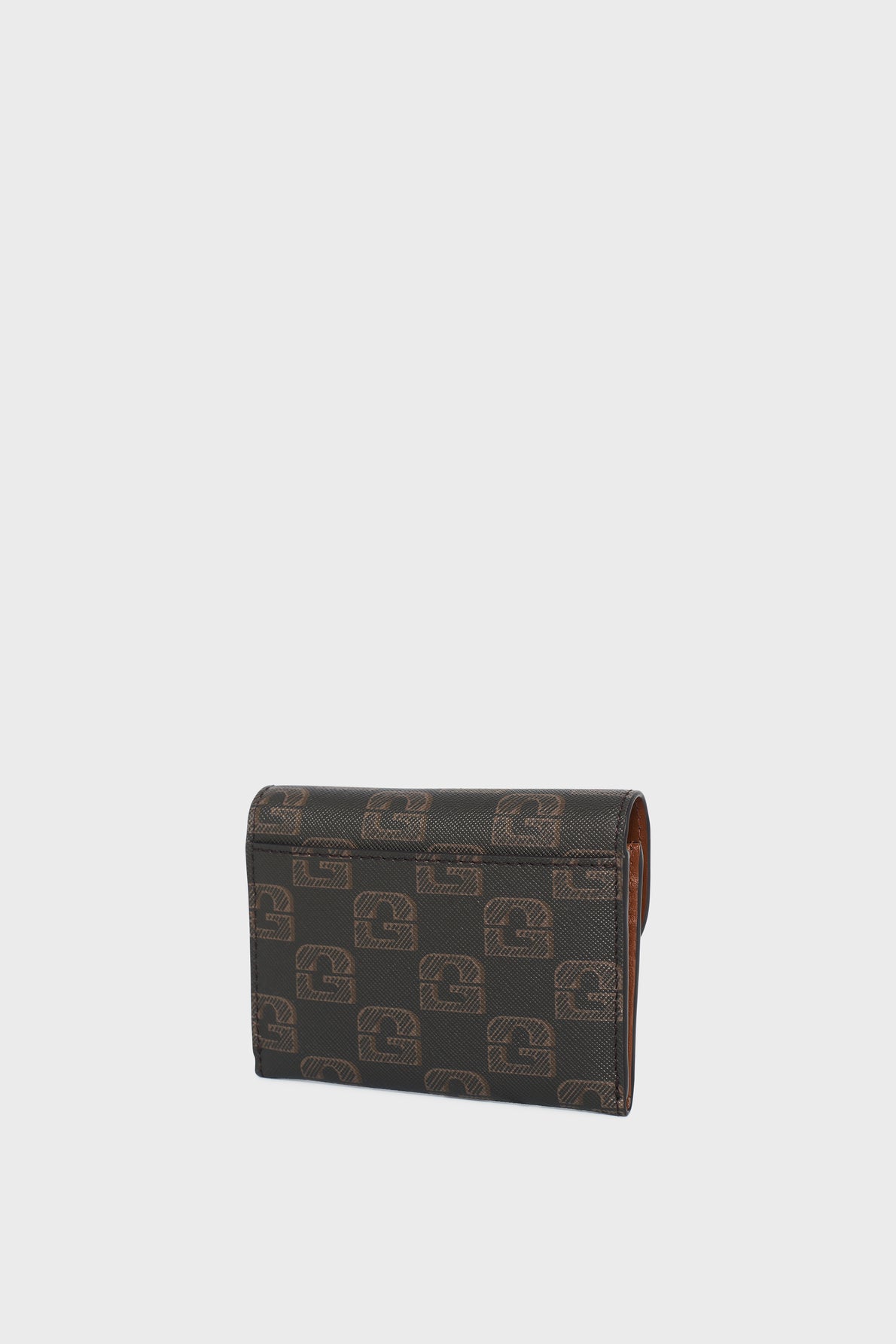 A brown patterned portefeuille GD with a flap, featuring repeating arch designs, displayed against a plain white background.