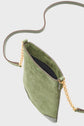 A green suede porte-téléphone crossbody bag with a gold bandoulière chaîne strap and brown leather edges, shown from above with its top slightly open, revealing the interior.