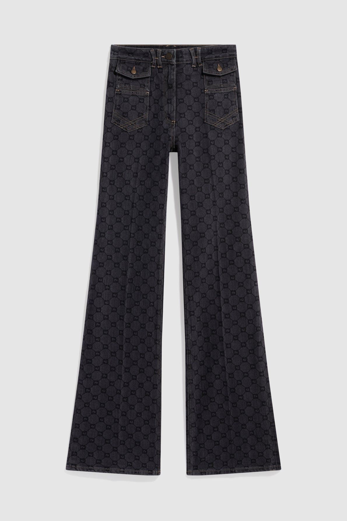 A pair of dark wash, taille haute, wide-leg jeans with front buttoned pockets and an all-over subtle geometric monogramme pattern, laid flat on a plain white background.