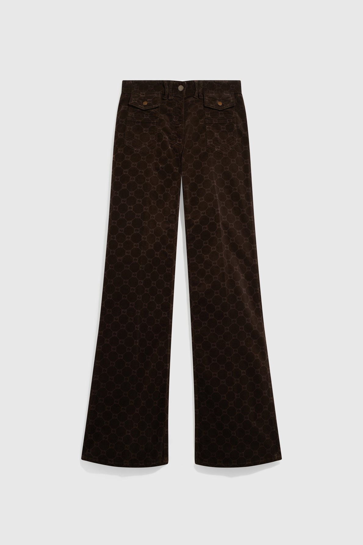 Dark brown high-waisted, wide-leg corduroy pants with a subtle geometric pattern, front buttons, and pockets, reminiscent of a pantalon velours marron for an elevated everyday look—displayed on a white background.