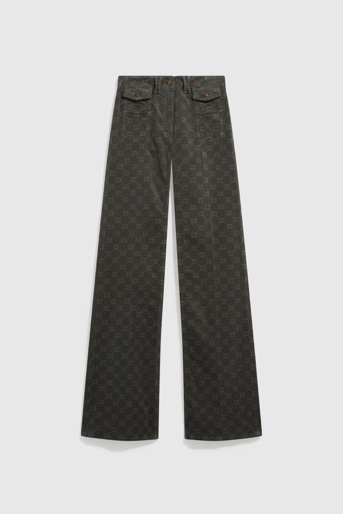 Flat lay of a pantalon taille haute, wide-leg black jeans with subtle all-over motif monogramme and two buttoned front pockets, displayed on a light gray background.