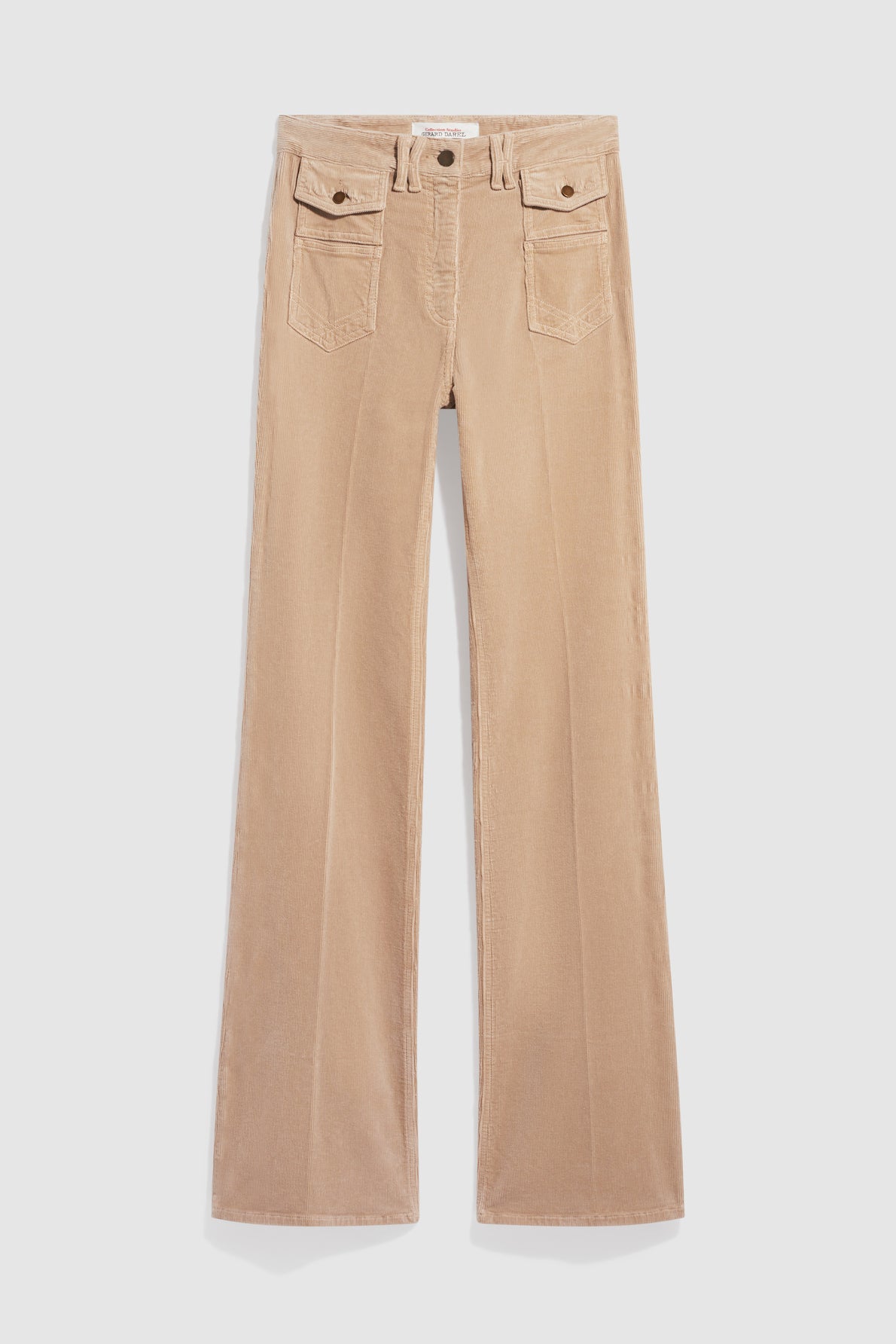 Beige corduroy pants with front flap pockets, wide legs in a classic jean flare style, and belt loops, displayed flat on a white background.