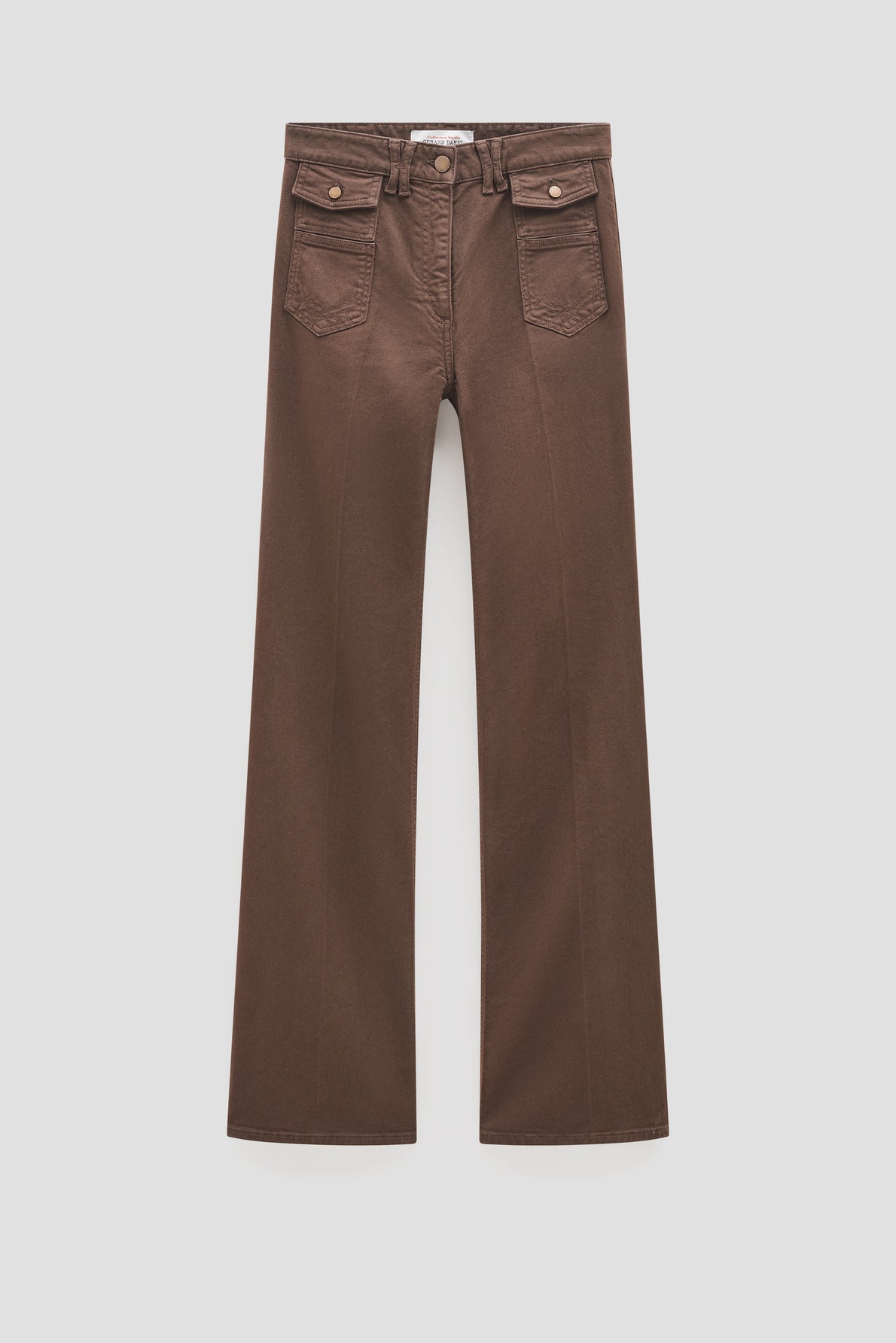Brown high-waisted wide-leg jeans, or pantalon marron taille haute, featuring front flap pockets and button closures, displayed flat on a white background.