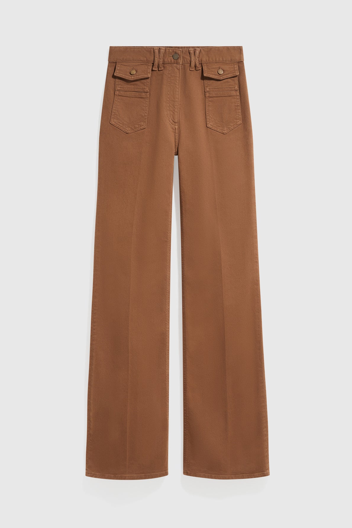 High-waisted, wide-leg brown pantalon cannelle with front patch pockets and button closures, displayed on a plain white background.