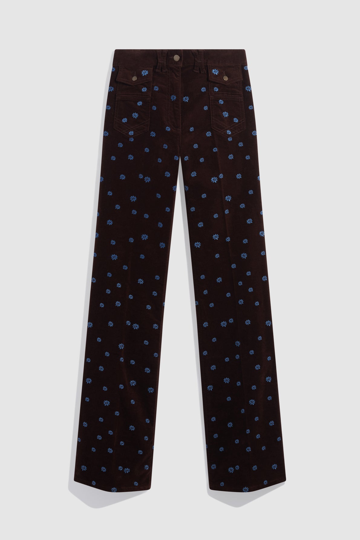 Dark brown corduroy pants with a straight leg cut, featuring a motif fleuri of small blue flowers evenly distributed across the fabric.